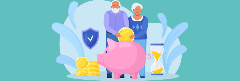 An illustrative image of an elderly couple saving money in a piggy bank, with a stack of coins and an hourglass on either side.